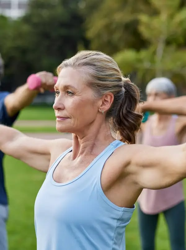 Mujer madura realizando ejercicio consciente al aire libre como ejemplo de movimiento inteligente