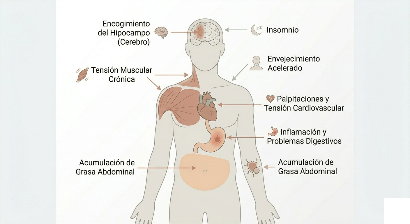 Efectos del estrés crónico en el cuerpo: hipocampo, tensión muscular, palpitaciones y grasa abdominal