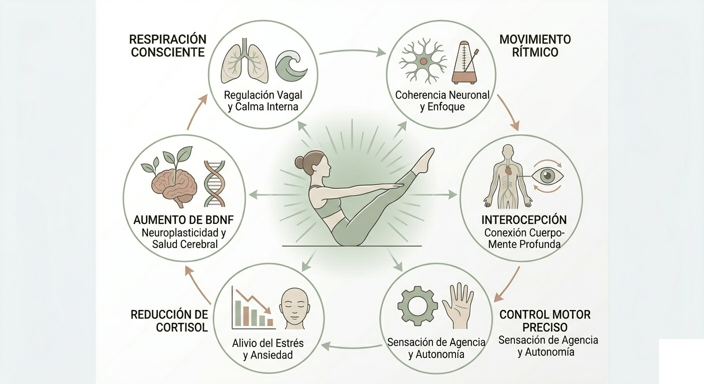 Mecanismos del Pilates en el cerebro: regulación vagal, interocepción, BDNF, reducción de cortisol