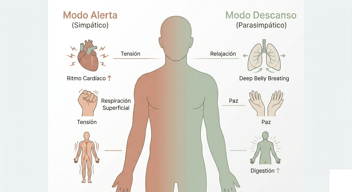 Comparativa entre sistema nervioso simpático (modo alerta) y parasimpático (modo descanso)